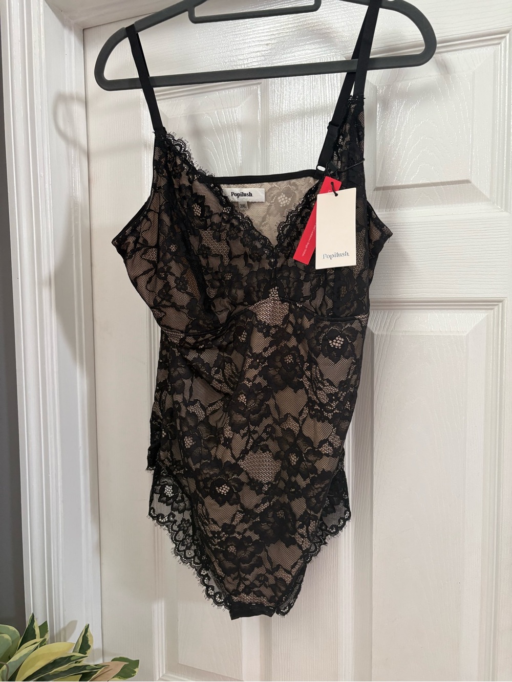 Poplush Black Lace Chemise with Nude Underlayer